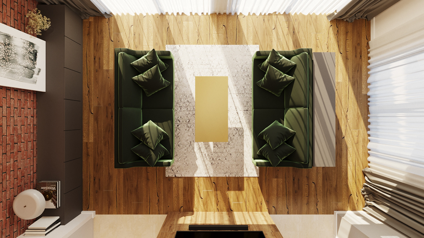 elegant cozy house Render brick wall wooden floors green SOFA