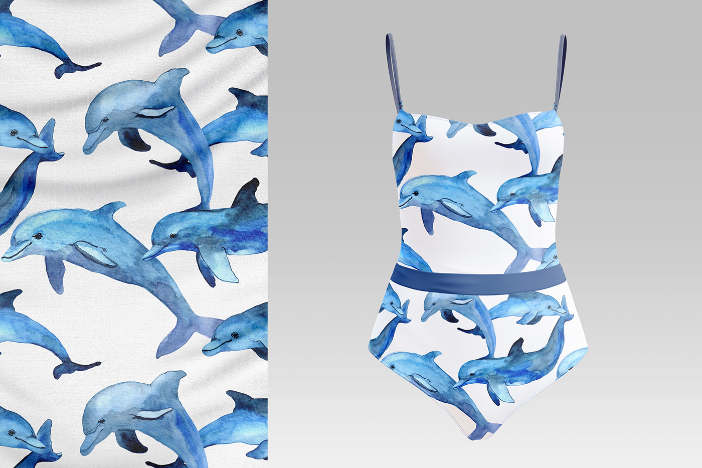 Animal Print Collection design dolphin Drawing  fabric seamless pattern swimwear textile watercolor