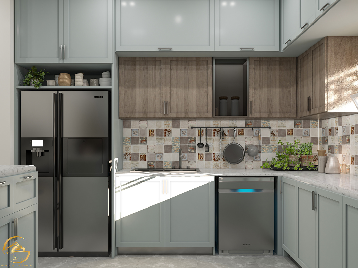 kitchen Interior 3ds max vray design green wood Render 3D interior design 