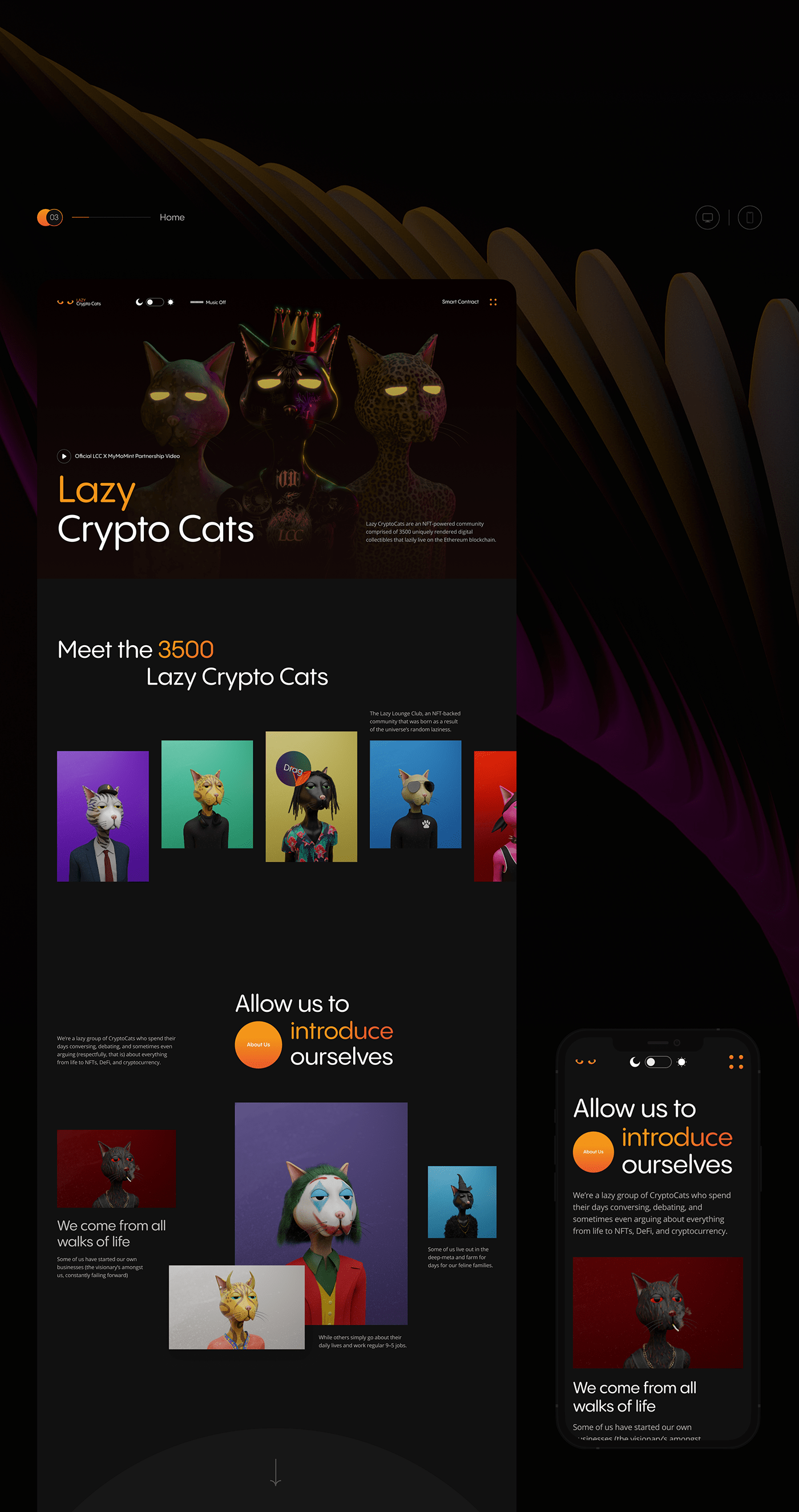 Home page, Lazy Crypto Cats website. Desktop & mobile.