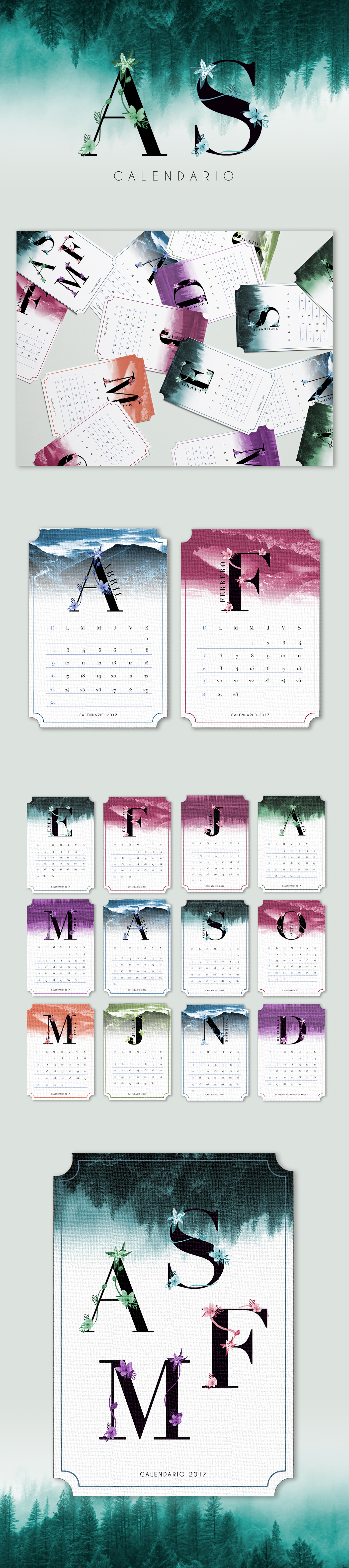 calendar Postcard desing Flowers Flores art withe letters minimalist forest