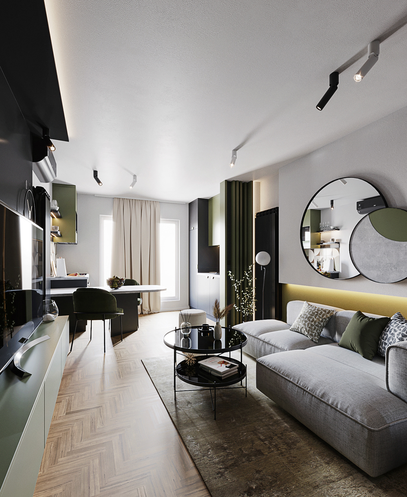 3dsmax black corona dining green interiordesign kitchen living mirrors visualization