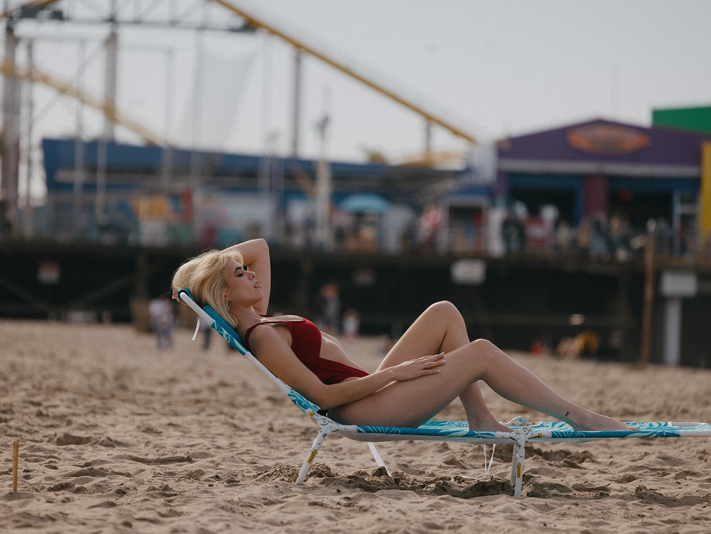 beach beauty editorial shore model swimwear portrait glamour pier swimsuit