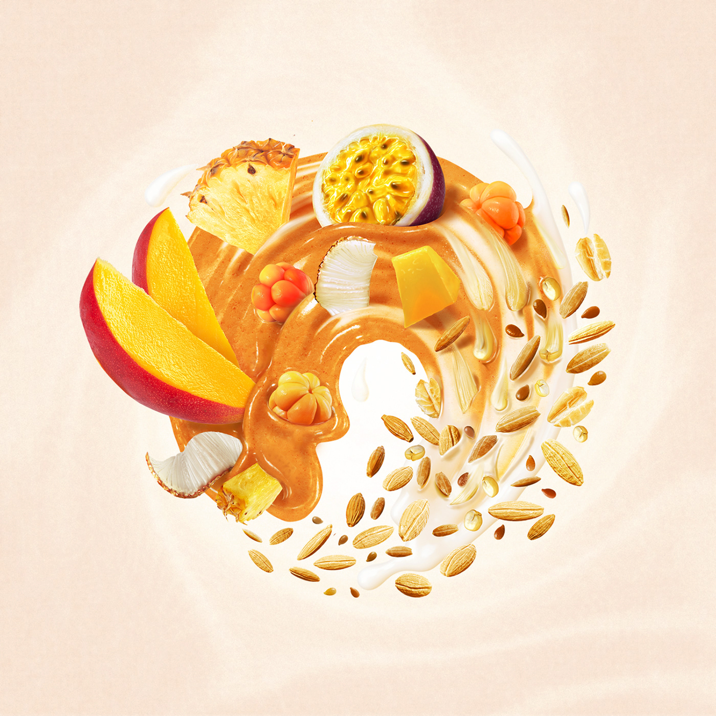 3D illustration key visuals for Skur Yogurt with tropical made on Cinema 4D and Red Shift