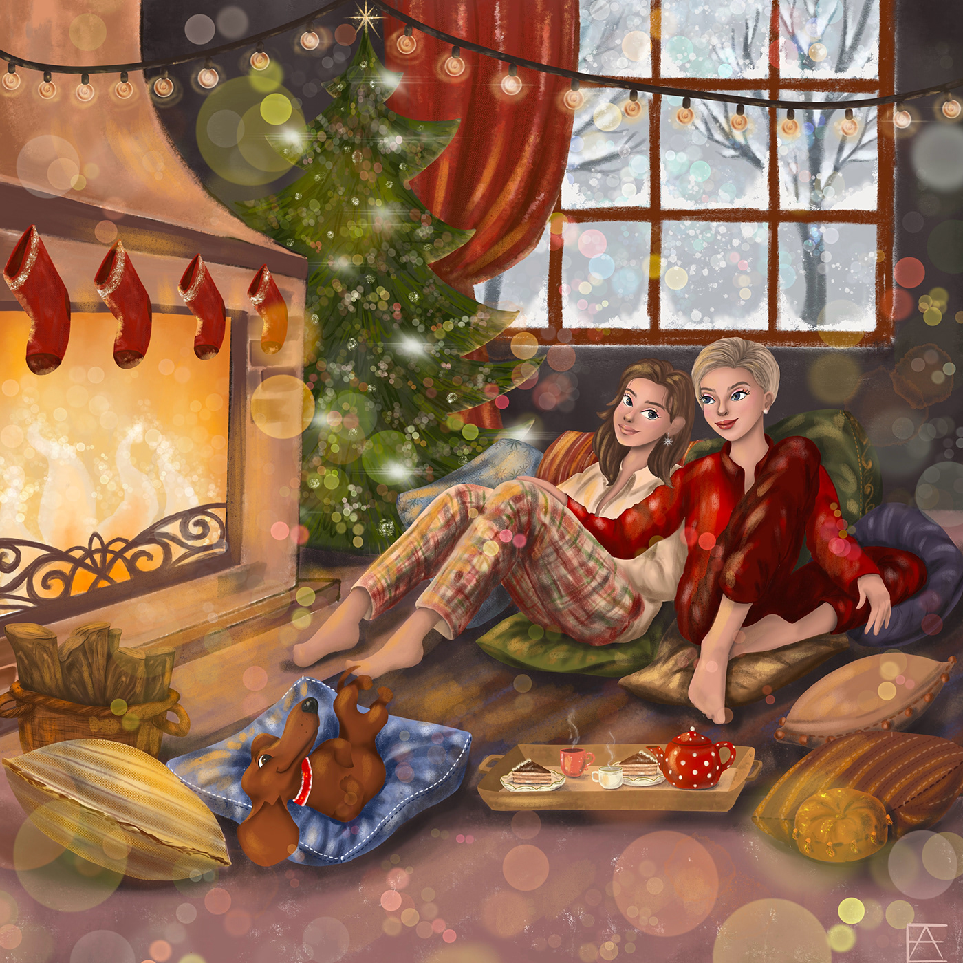 Merry Christmas Procreate family winter fireplace snow digital graphic art pajama party dog Holliday
