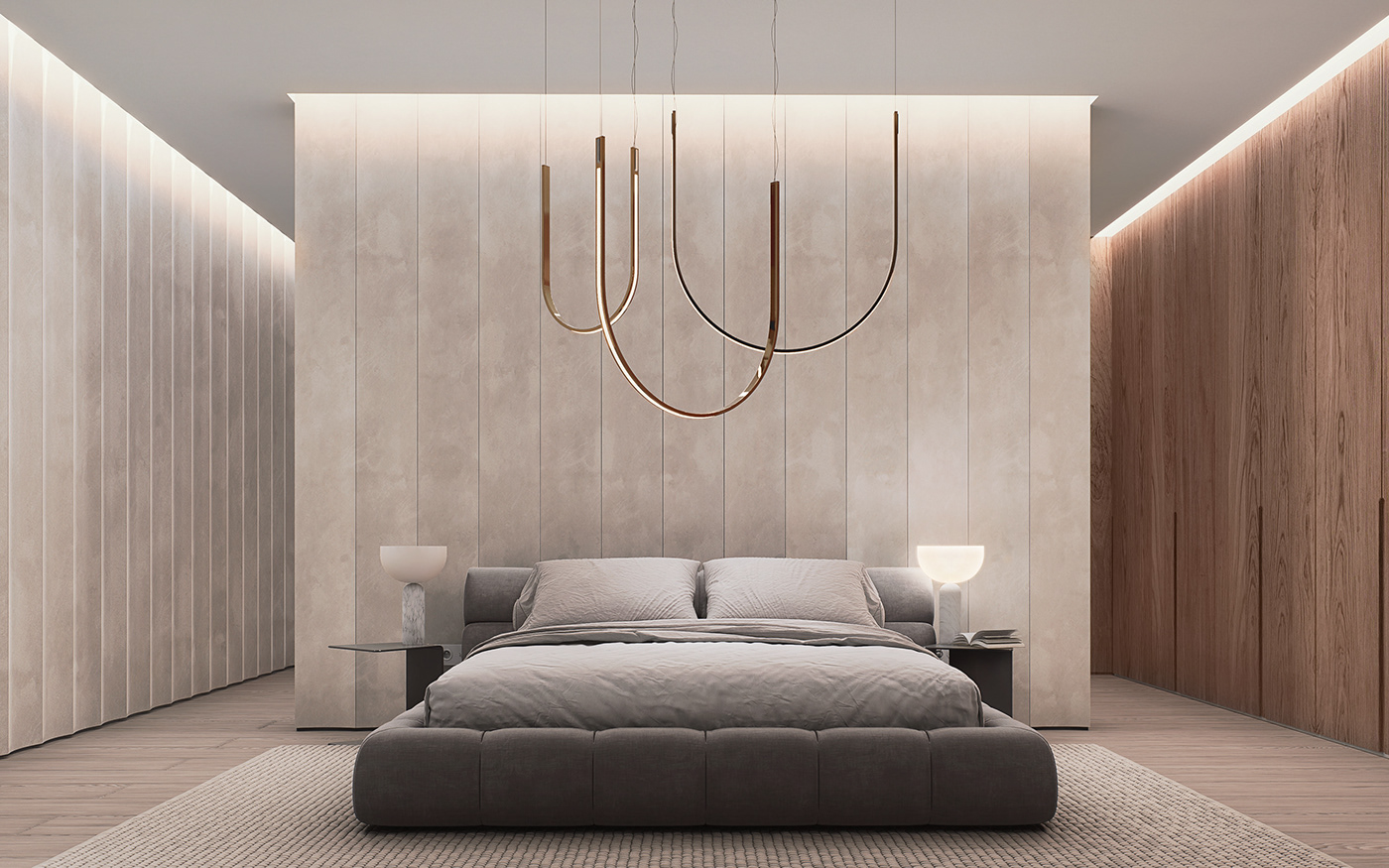 Modern minimalistic bedroom featuring gold chandelier, soft carpet, soft wallpaper and wood wardrobe