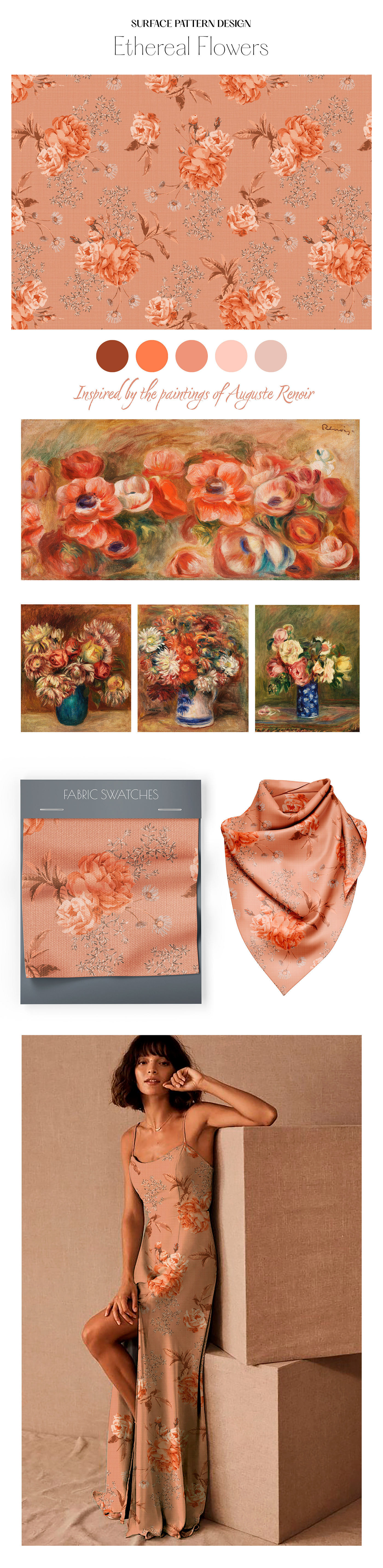 Estampa Estamparia Fashion  Flowers orange painting   pastel colors print Renoir vector