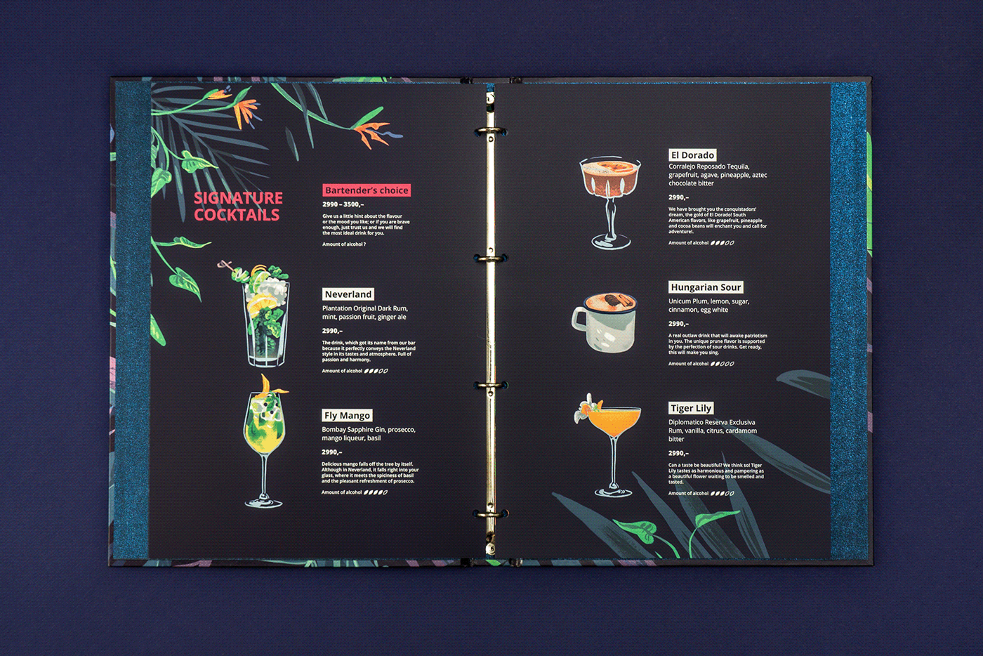 animals bird botanical cocktail drinks exotic floral jungle menu Tropical