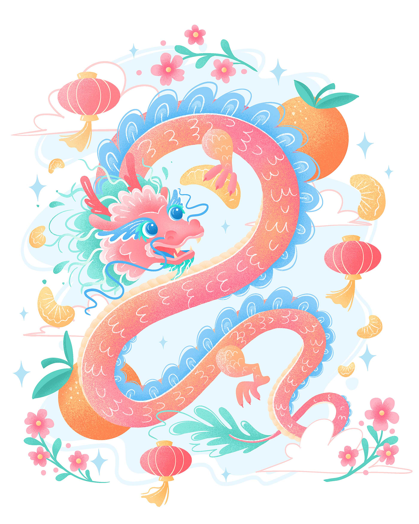 Vibrant Chinese dragon holding a mandarin orange slice. Surrounding it are lanterns, flowers, fruit