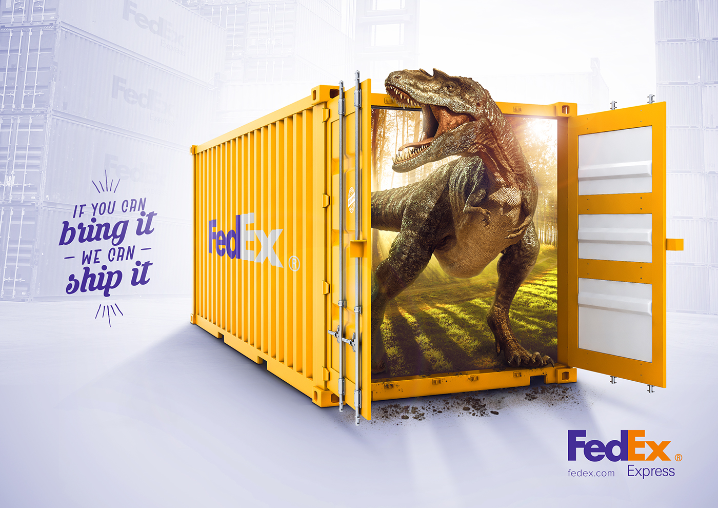 fedex Dinosaur print magazine container shipping retouch ad