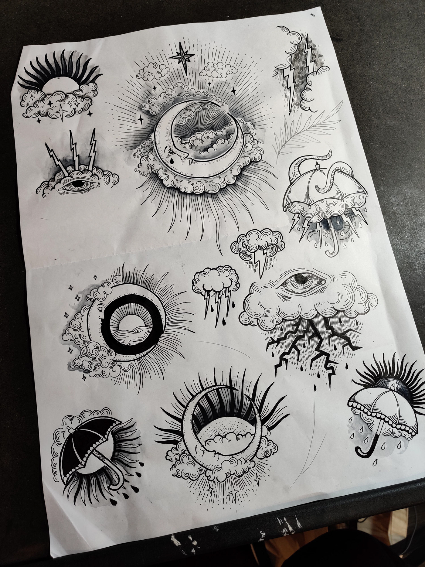 artwork flashsheet graphic ILLUSTRATION  ink linework pen storm Sun tattoo tattoos