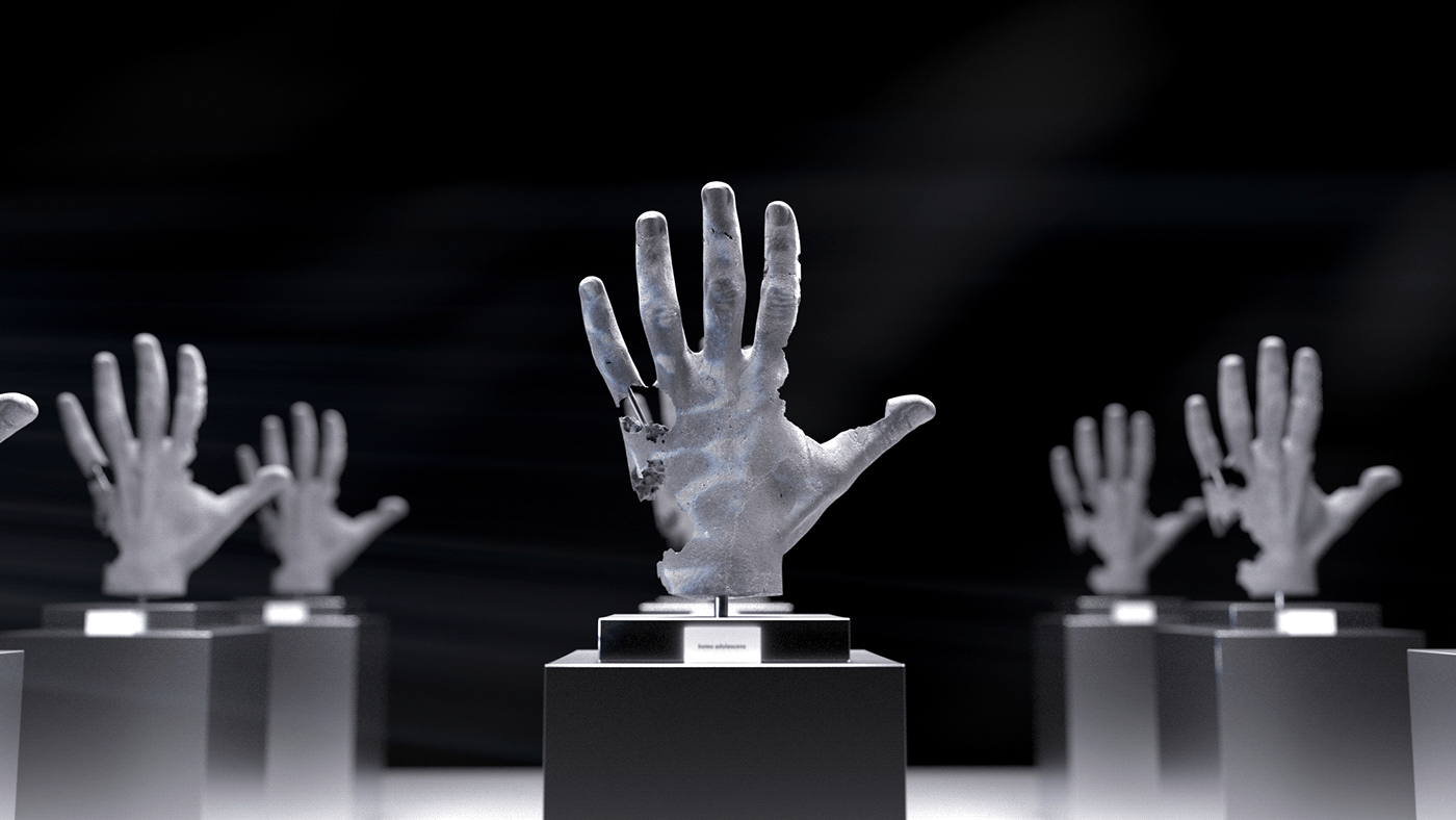 Homo Adulescens Reckless Man hand sculpture CGI Exhibition  light projection man reckless