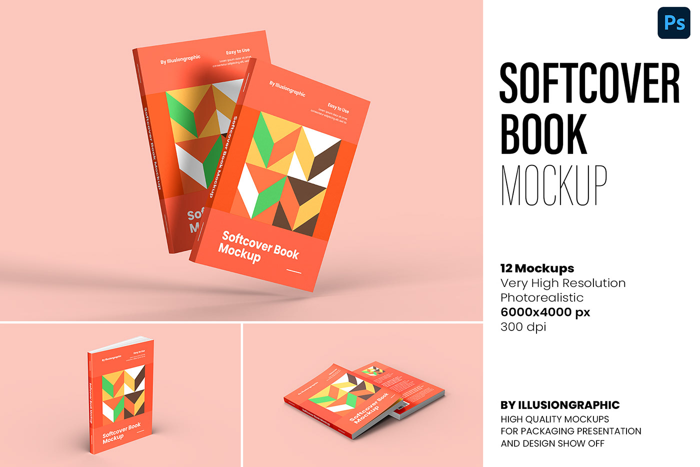 softcover book Mockup paperback brochure page spread cover design ebook print