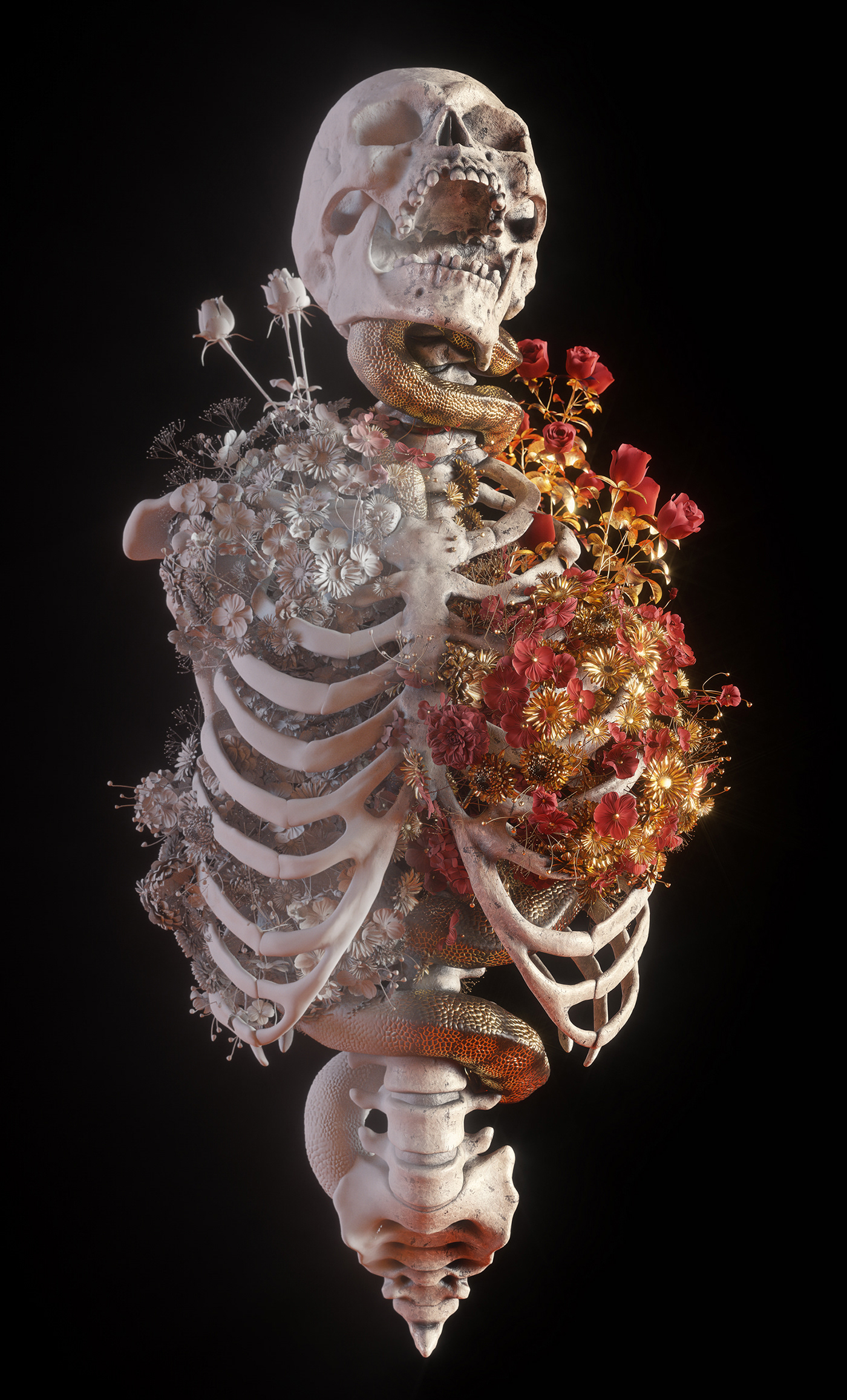 billelis ILLUSTRATION  octane Zbrush skull floral simulation Skull art print art