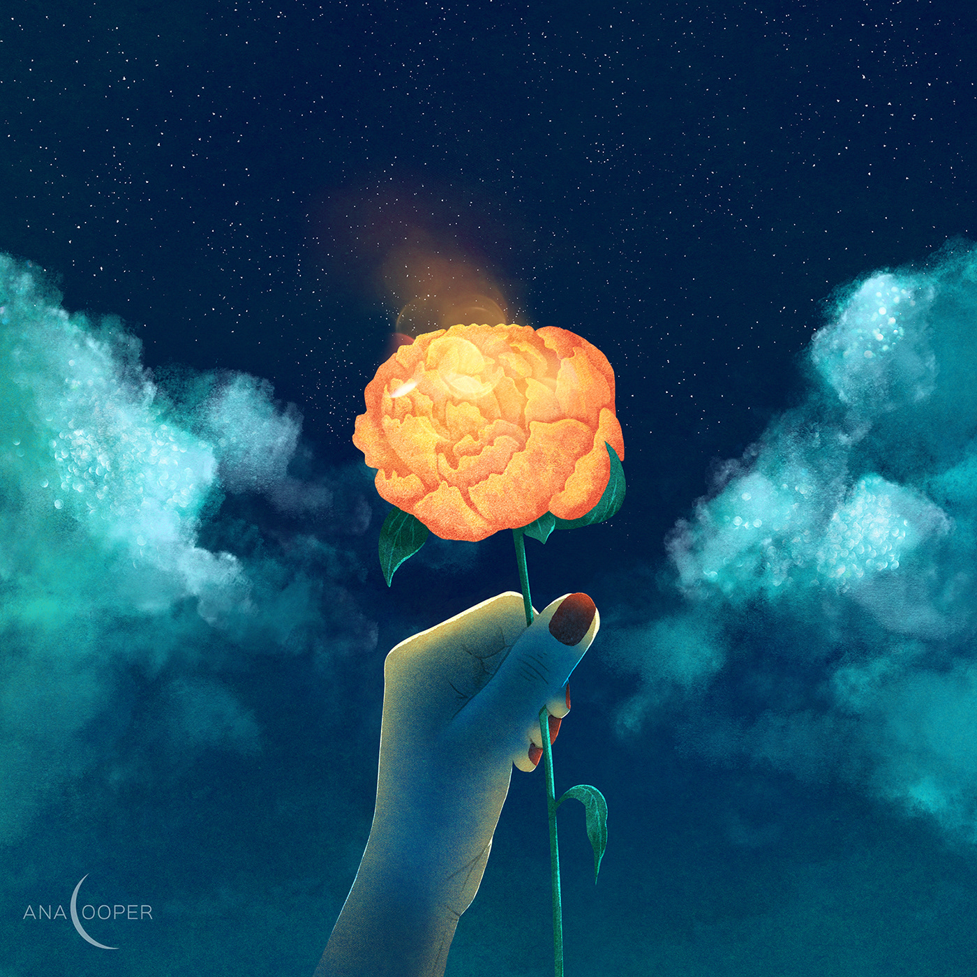 clouds fire flower hand magik night peony SKY stars yellow