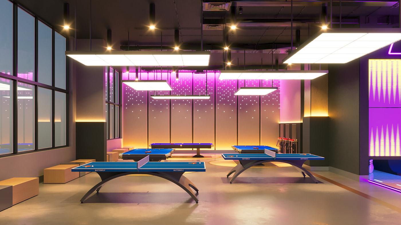 architecture interior design  visualization bowling arcade neon Gaming shopping mall club bar