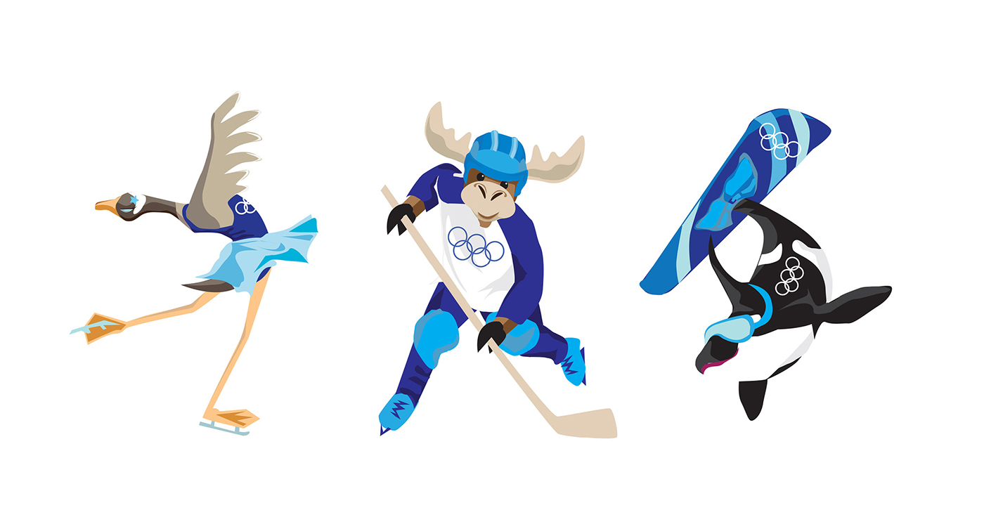 Mascots characters 2010 Vancouver Olympics ice skating hockey Snowboarding Goose moose orca