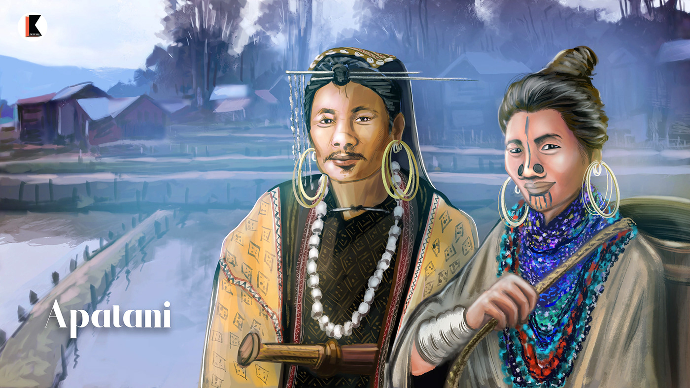 Ad illustration of Apatani tribal people from Arunachal pradesh in India
