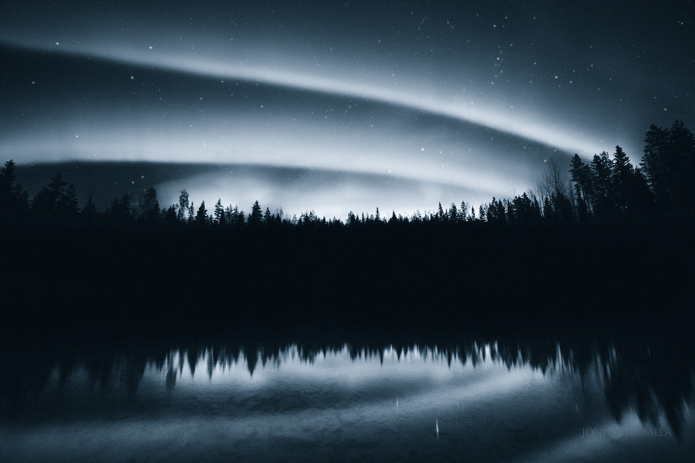bw toned Aurora Borealis Northern Lights finland dark reflection SKY stars night monotone