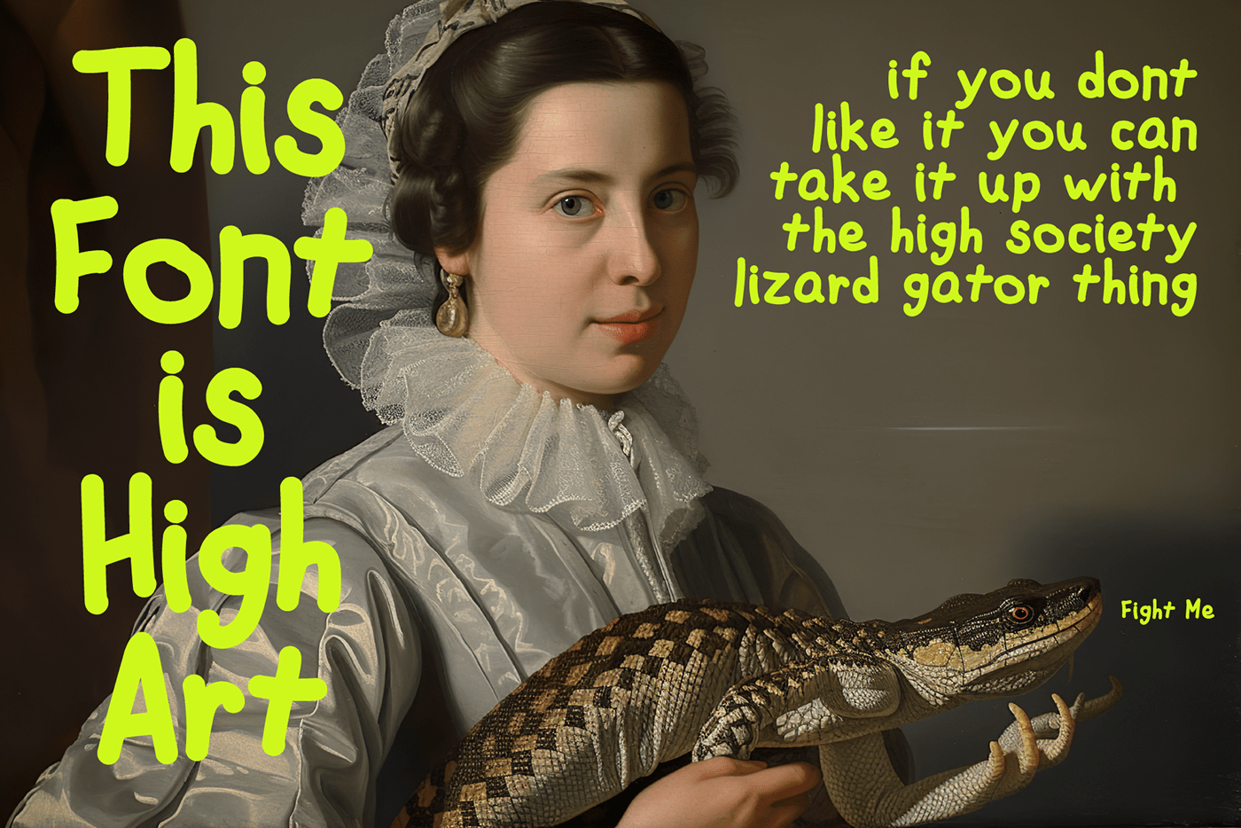 a fancy baroque woman dressed in white and a lizard trying to convince you this font is high art