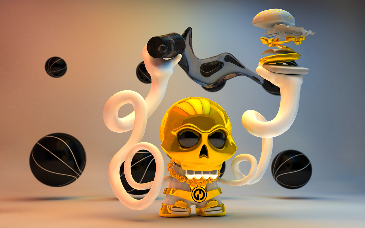 3D skull Character burger golden mascotte