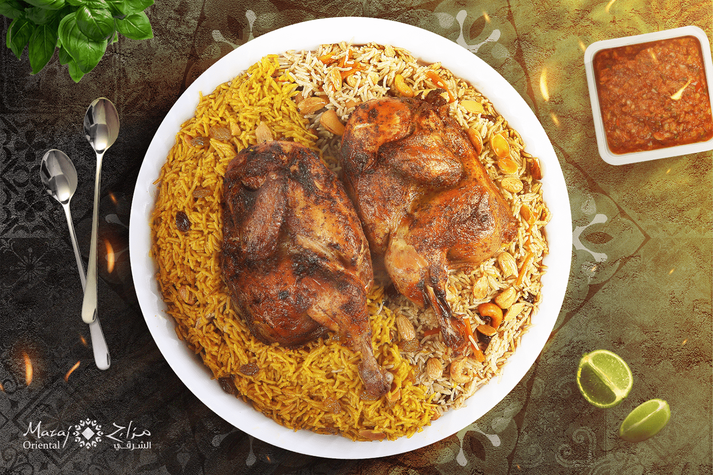 طعام شرقي orientalfood الطعام العربي فن أرز دجاج جوز ورقة الشجر Arabesque
