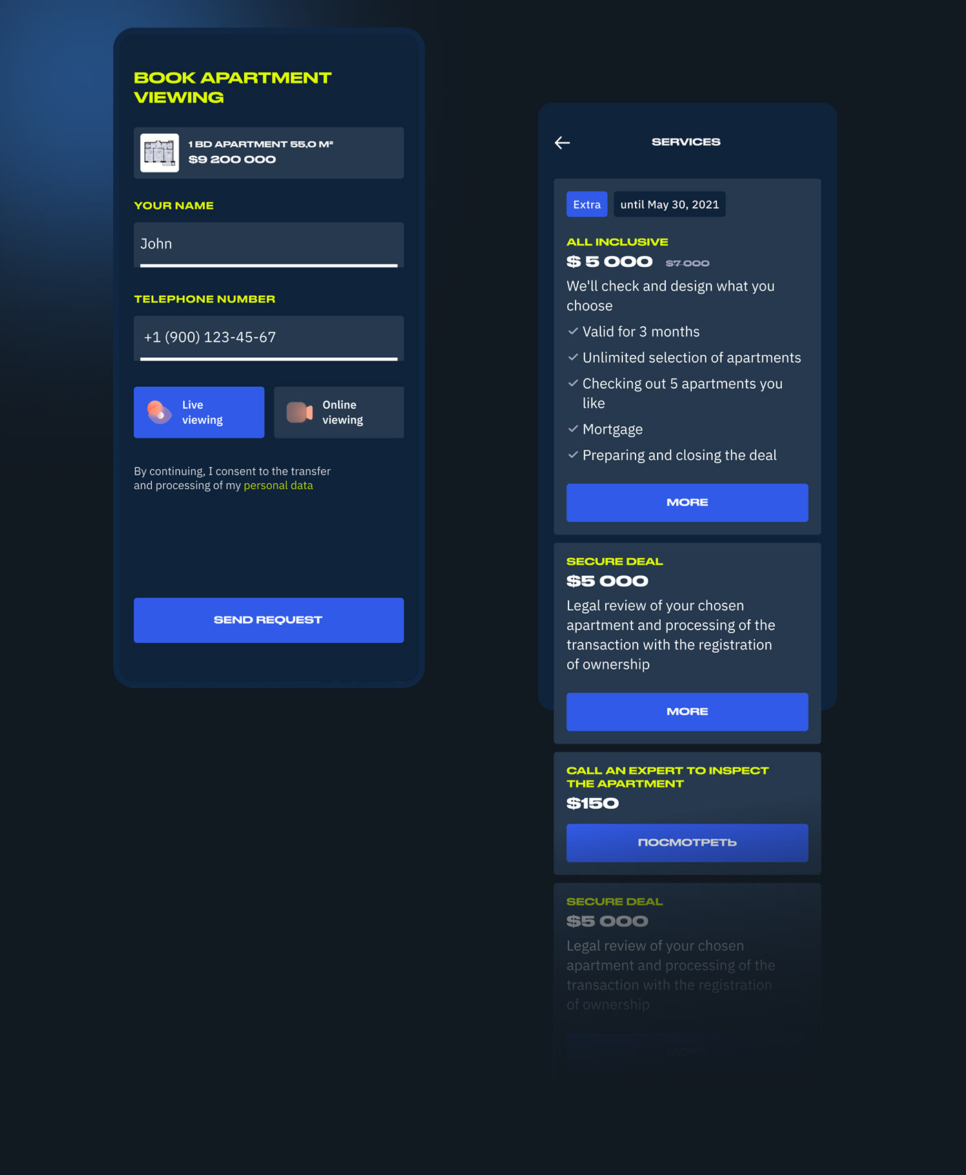 apartment app mobile proptech real estate realty UI ux dark theme Interface