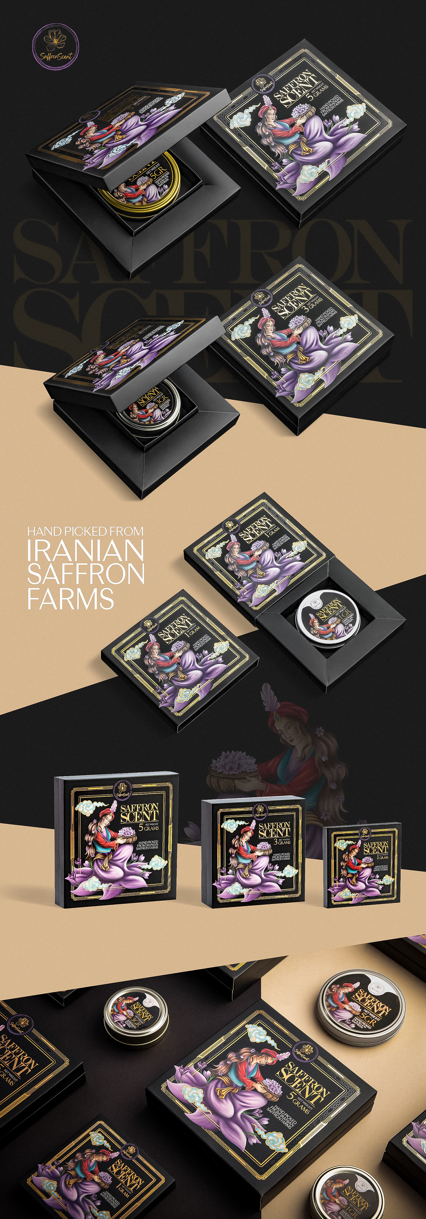 saffron Packaging gift Iran persian ILLUSTRATION  hotfoil branding  luxury box