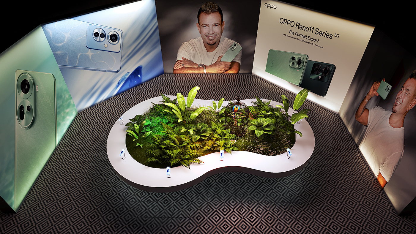 Event Oppo smartphone Mockup reveal 3D set design  art direction  Advertising  Brand Design