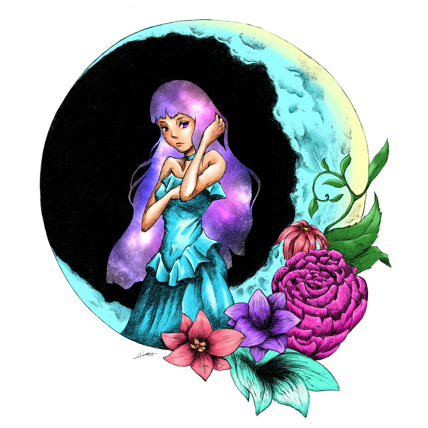 decorative moon lunar girl flower floral galaxy blue moon night