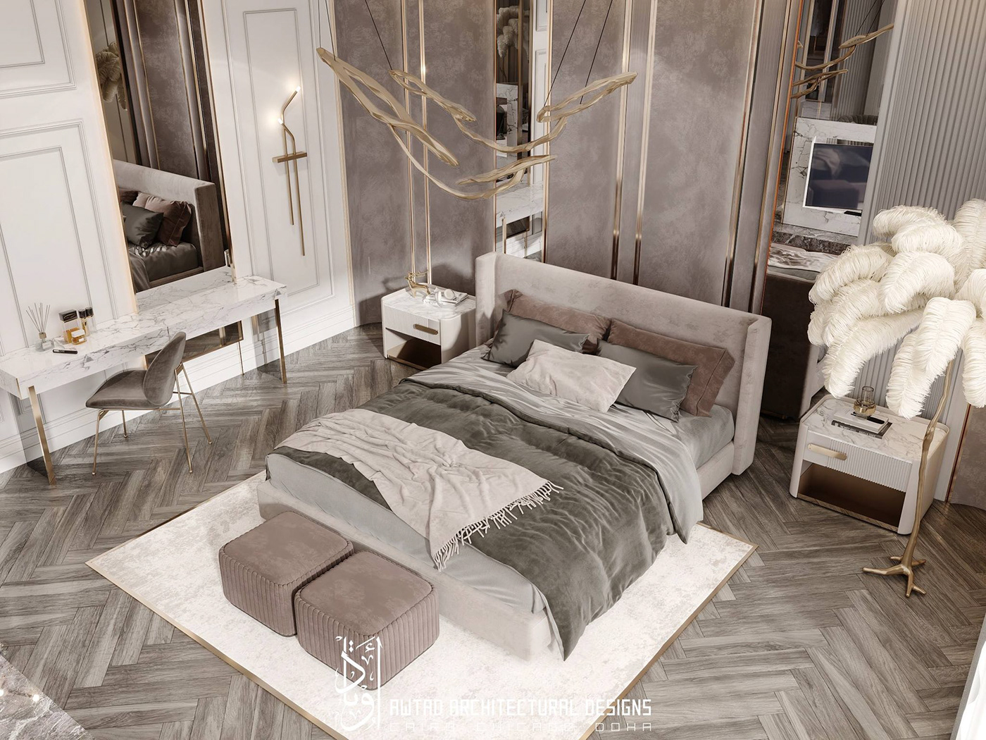 3dmax architecture Bedrooms corona Interior Master NUDESPALETTE contemporary luxurious neoclassic bed design fabric feather light Masterbedroom  modern