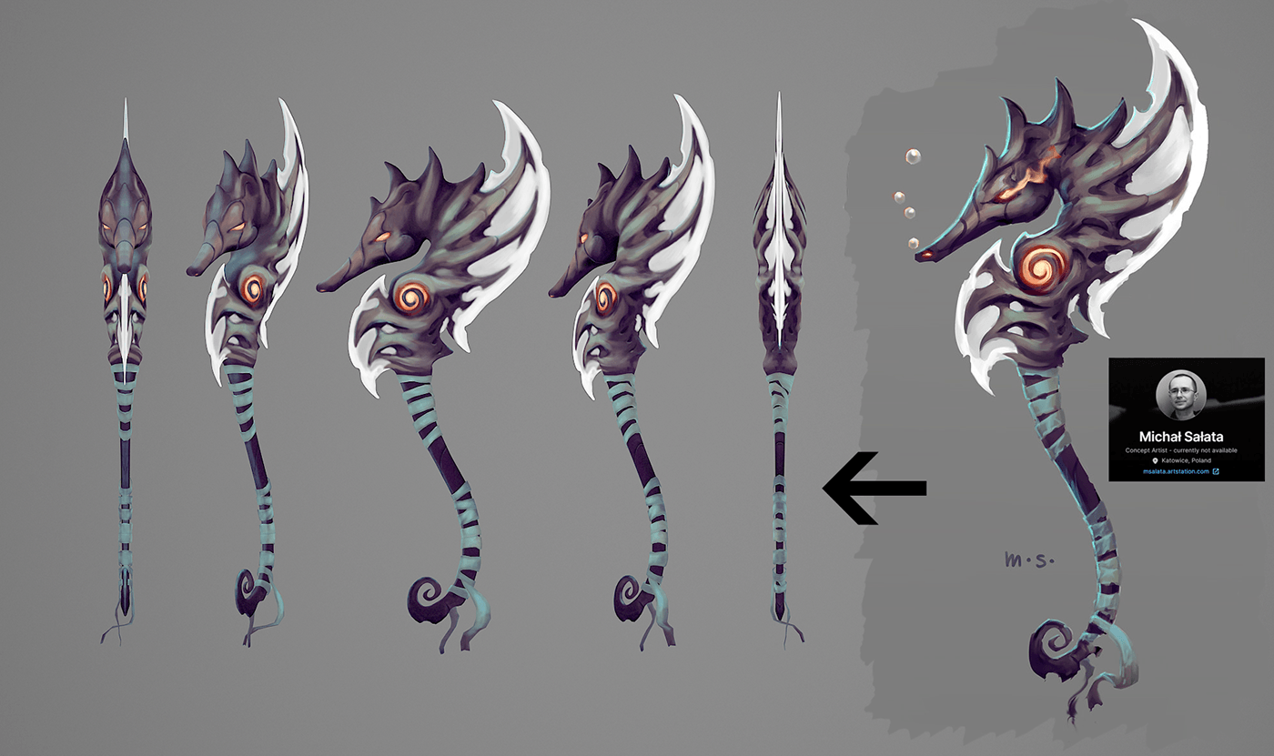 seahorse Weapon Game Art stylized sculpting  Zbrush blender modeling 3dcoat game-ready asset