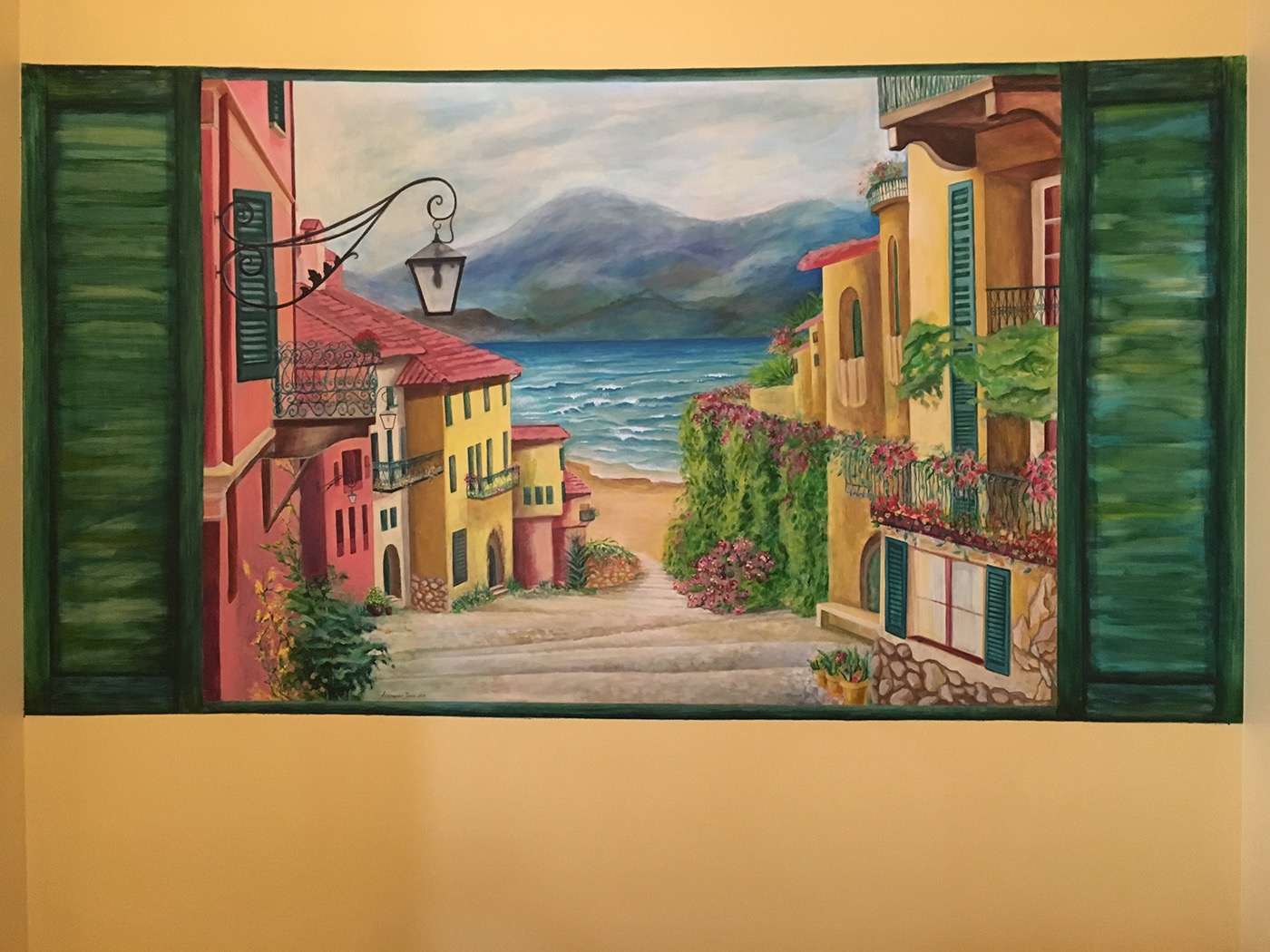 Mural painting   acrylic wall livingroom town view Ocean stairs house
