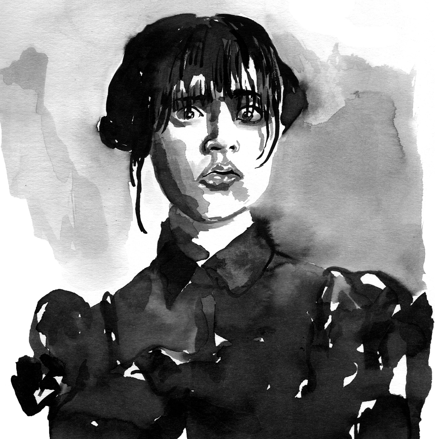 goth illustrated portraits ink drawing Jenna Ortega Netflix series pen and ink pen and ink illustration portrait illustrator Wednesday Addams wednesday netflix