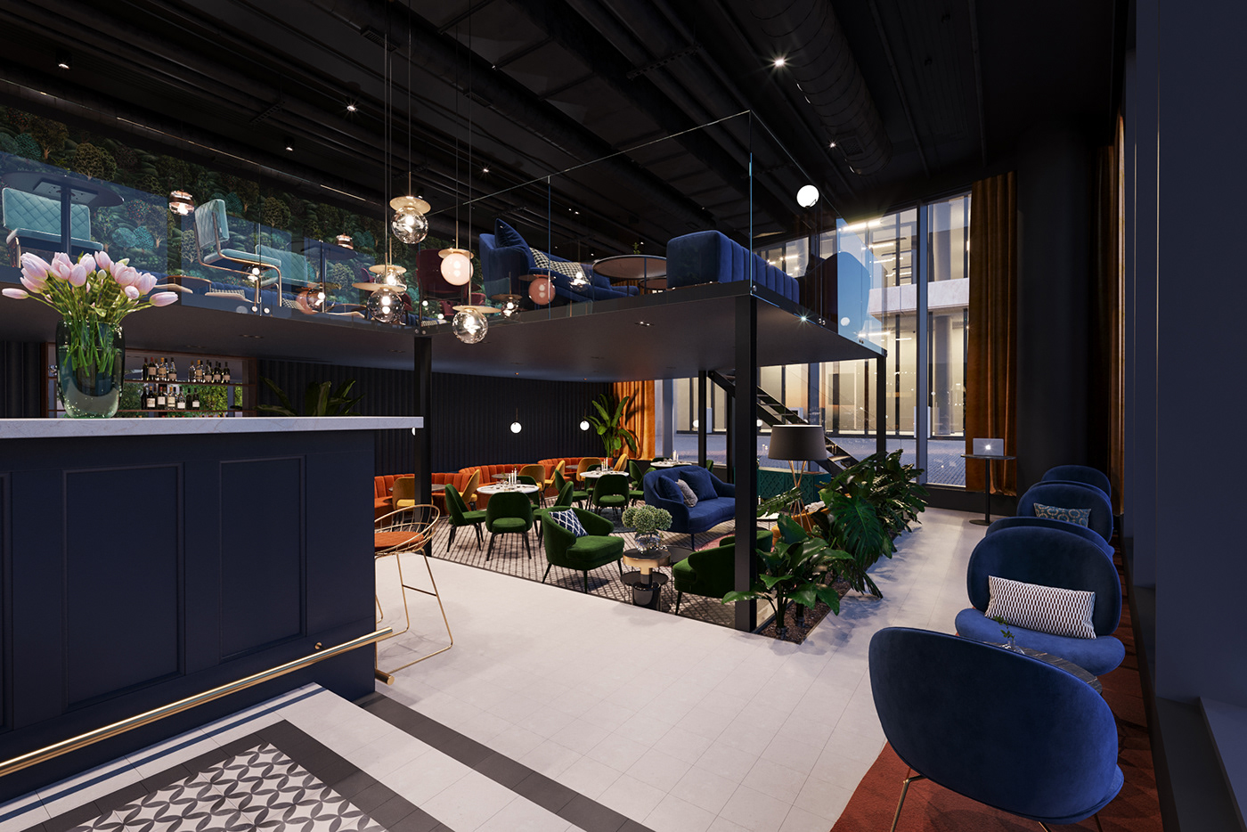 Flowers Interior restaurant cafe bar visualization Render archviz architecture interior design 