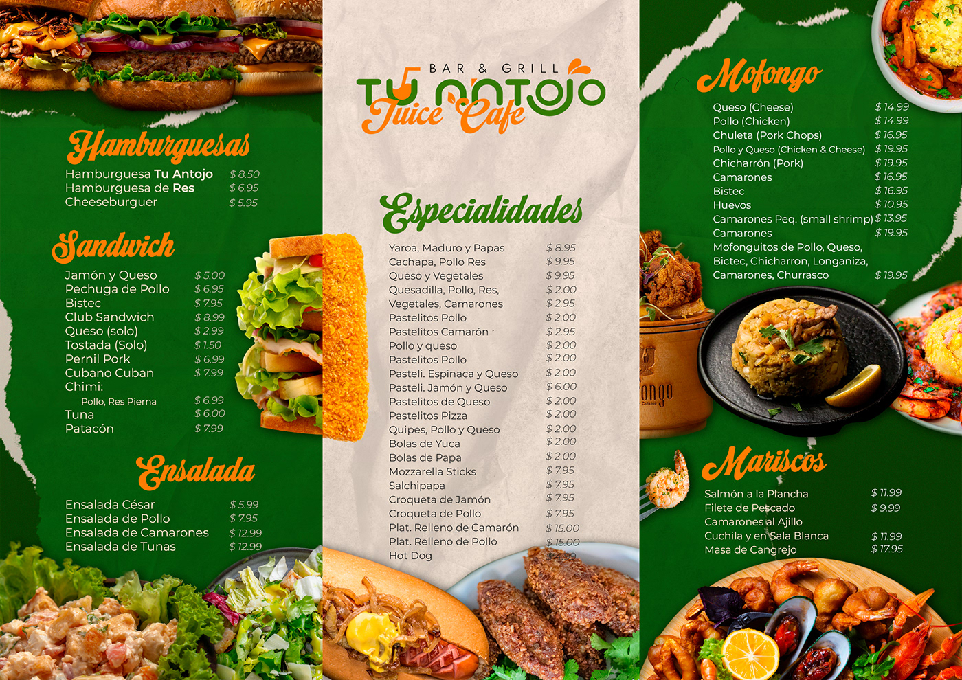 trifold menu green branding restaurant