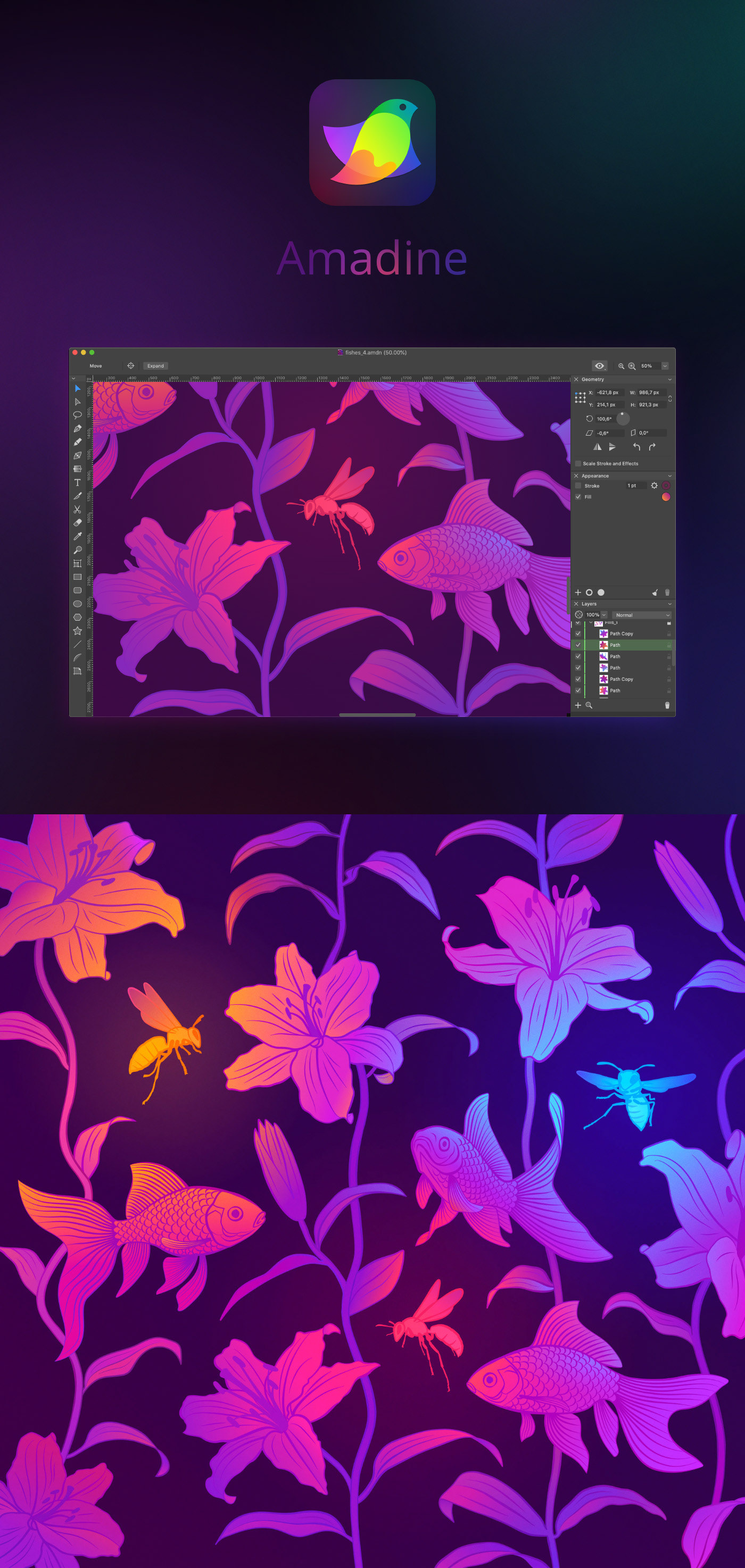 amadine fish lily neon glow pattern vector app mac vector ios wasp