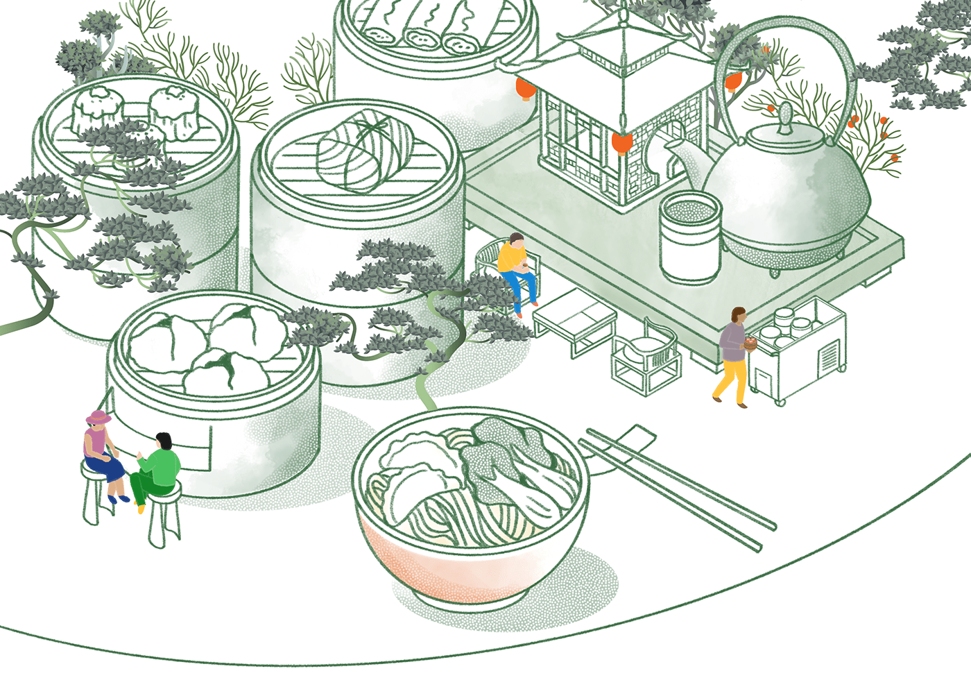 3D dim sum infographic Isometric Procreate sketch Sushi tea texture