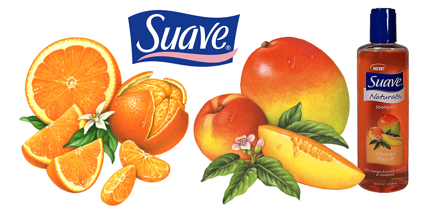 Watercolor illustrations of fruit used on packaging for Suave personal care products.