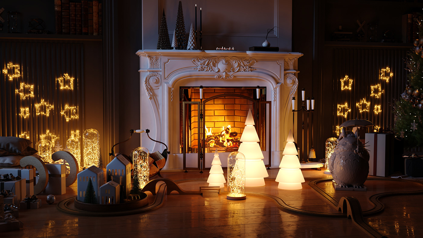 interior design  3ds max Render CGI fireplace cozy Christmas winter CG corona 11