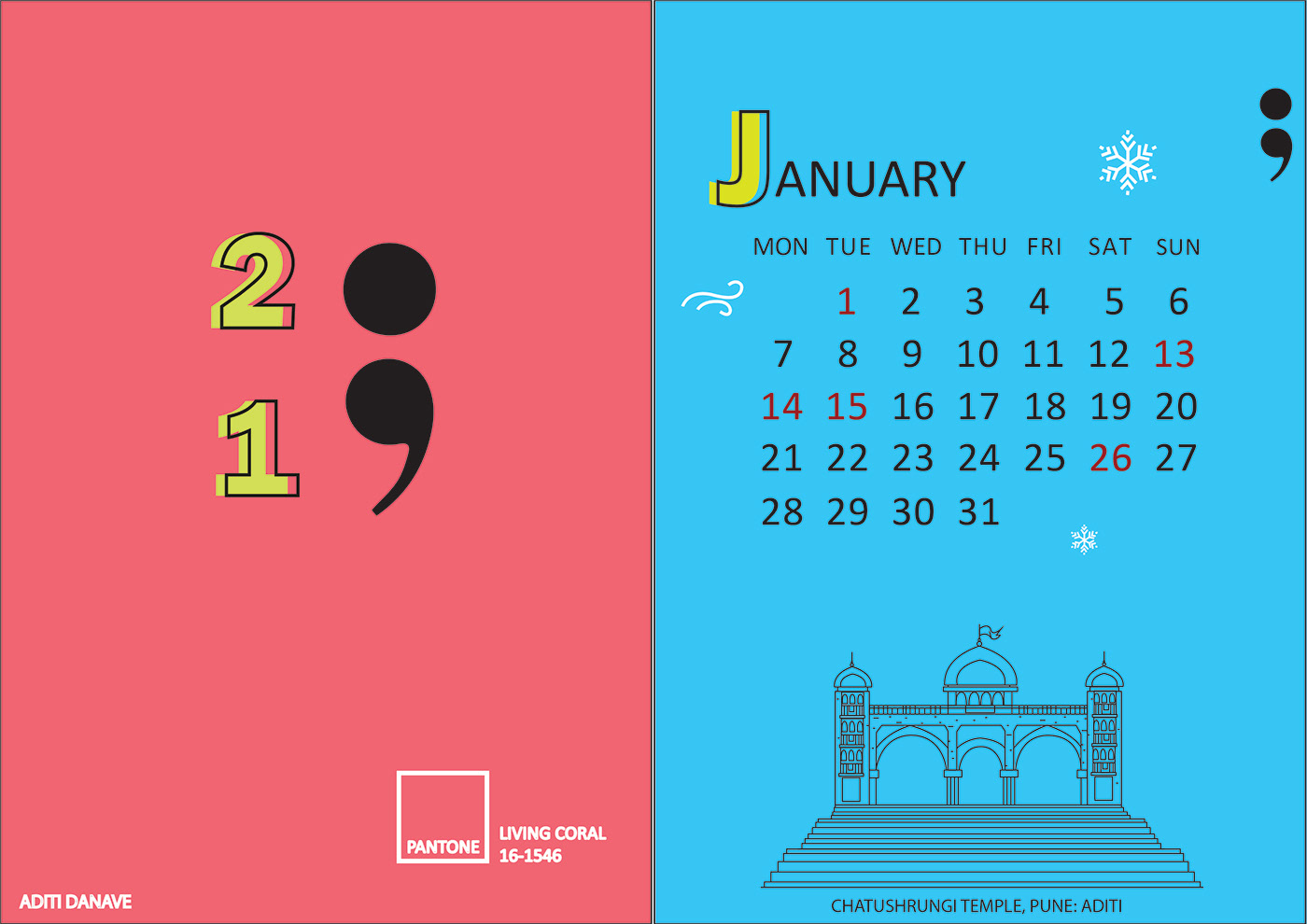 calendar design ILLUSTRATION  line illustration living coral months pantone print seasons Semicolon year 2019