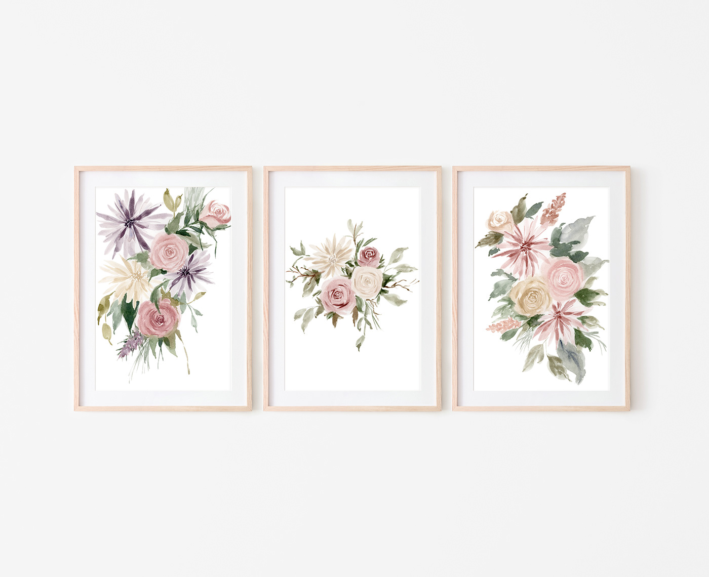 vintage Watercolor Floral wall art painting   art licensing surface design ILLUSTRATION  Flowers Bouquet tryptich