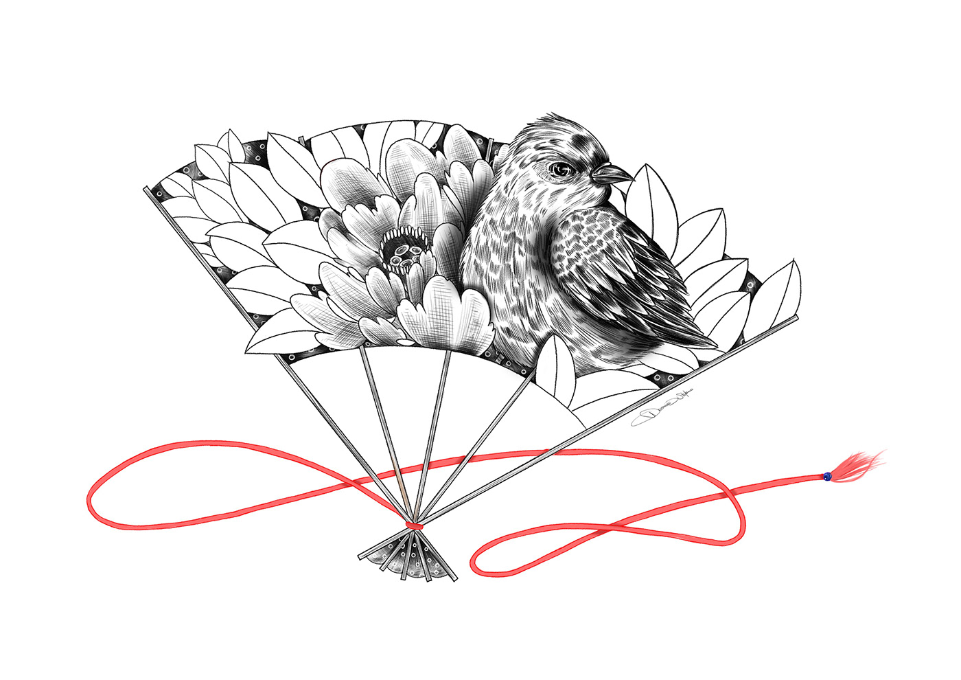 folding fan bird outline peony Peony tattoo ink Original Art Drawing  ILLUSTRATION  okami tattoo personal