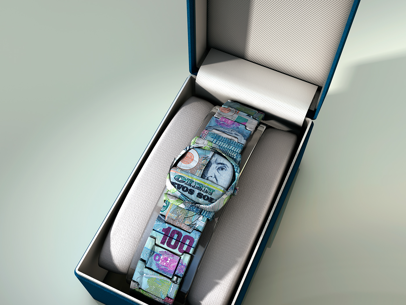 agencia publicidad ilustracion modelado 3d reloj billete 100 SOLES Decheco