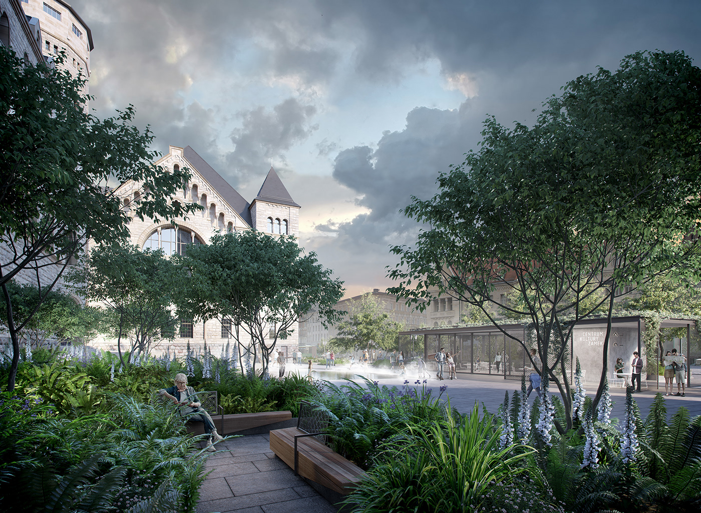 Landscape architecture garden Castle exterior 3D visualization courtiard plants modern
