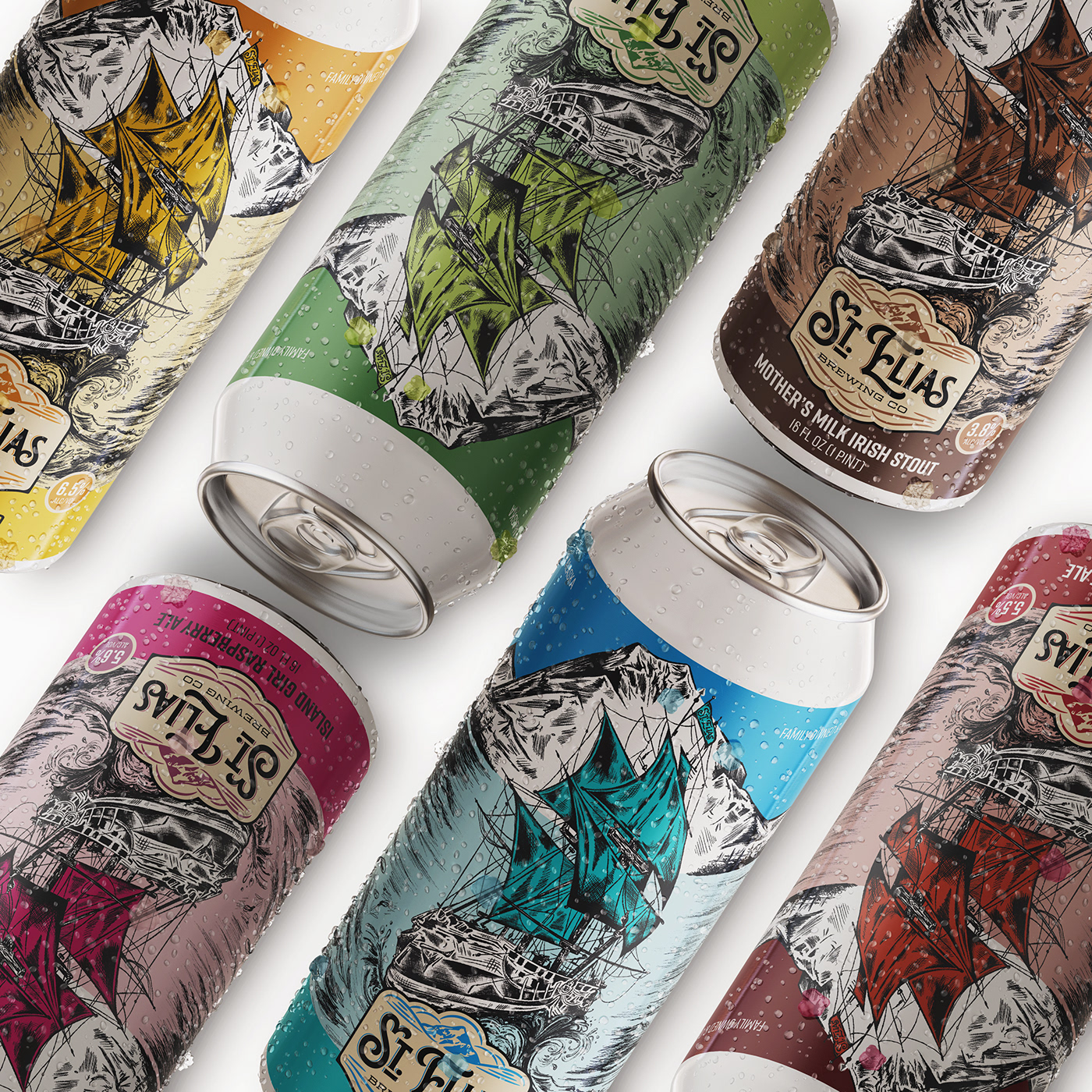 Beer label design and packaging showing branding and illustration work for St. Elias Brewing Company