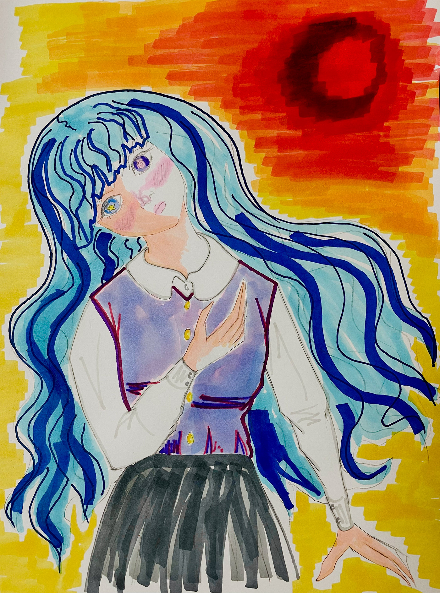 blue hair heart girl Sun burning promarker