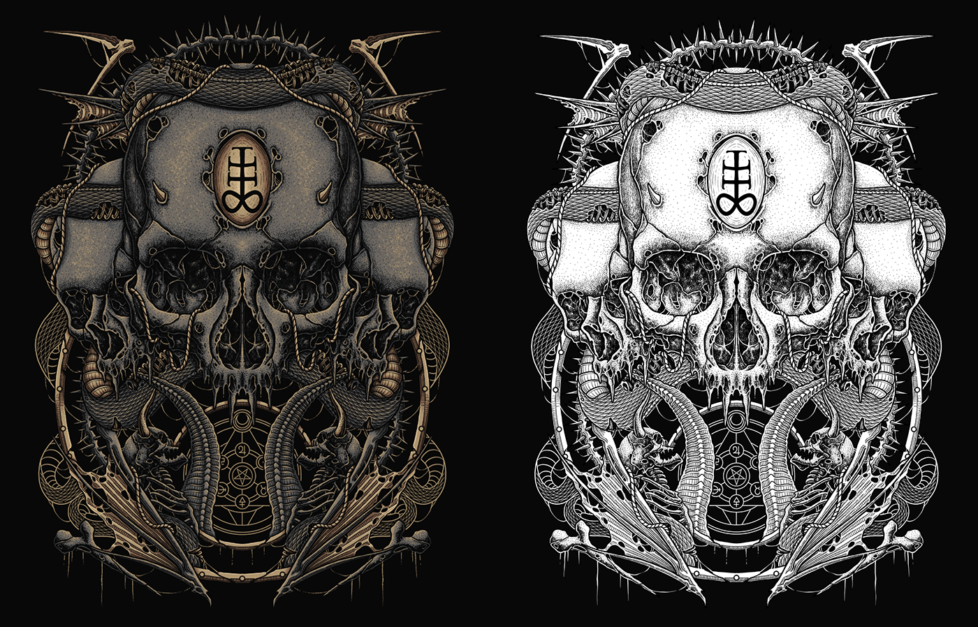 dark art blasphemy ink skull tattoo satanic metal band Tshirt Design