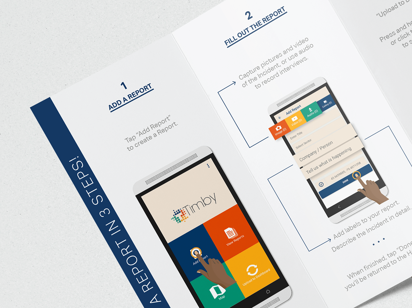 app brochure design features instructions Mockup Sustainability Timby trifold volunteer