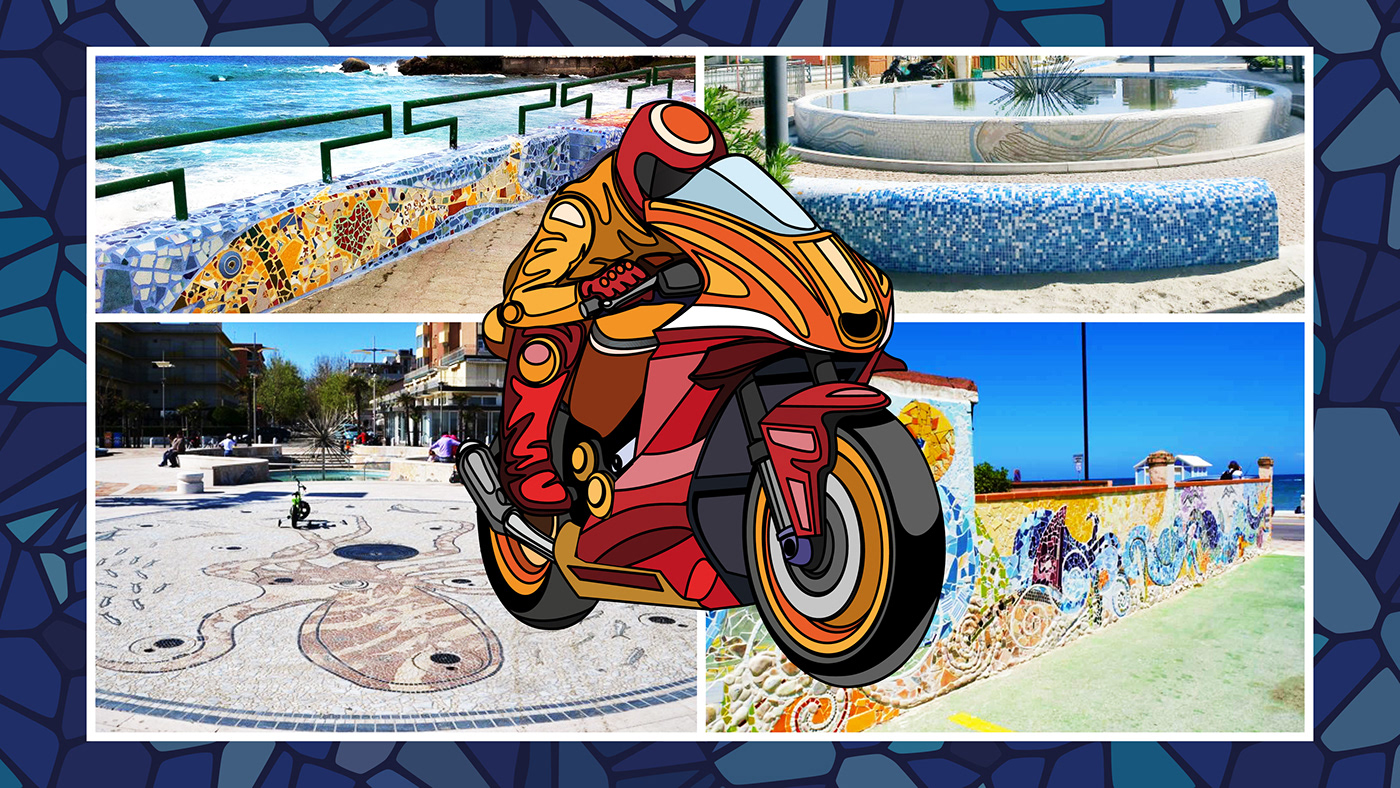 photos of mosaics with motorbike rider illustration in front